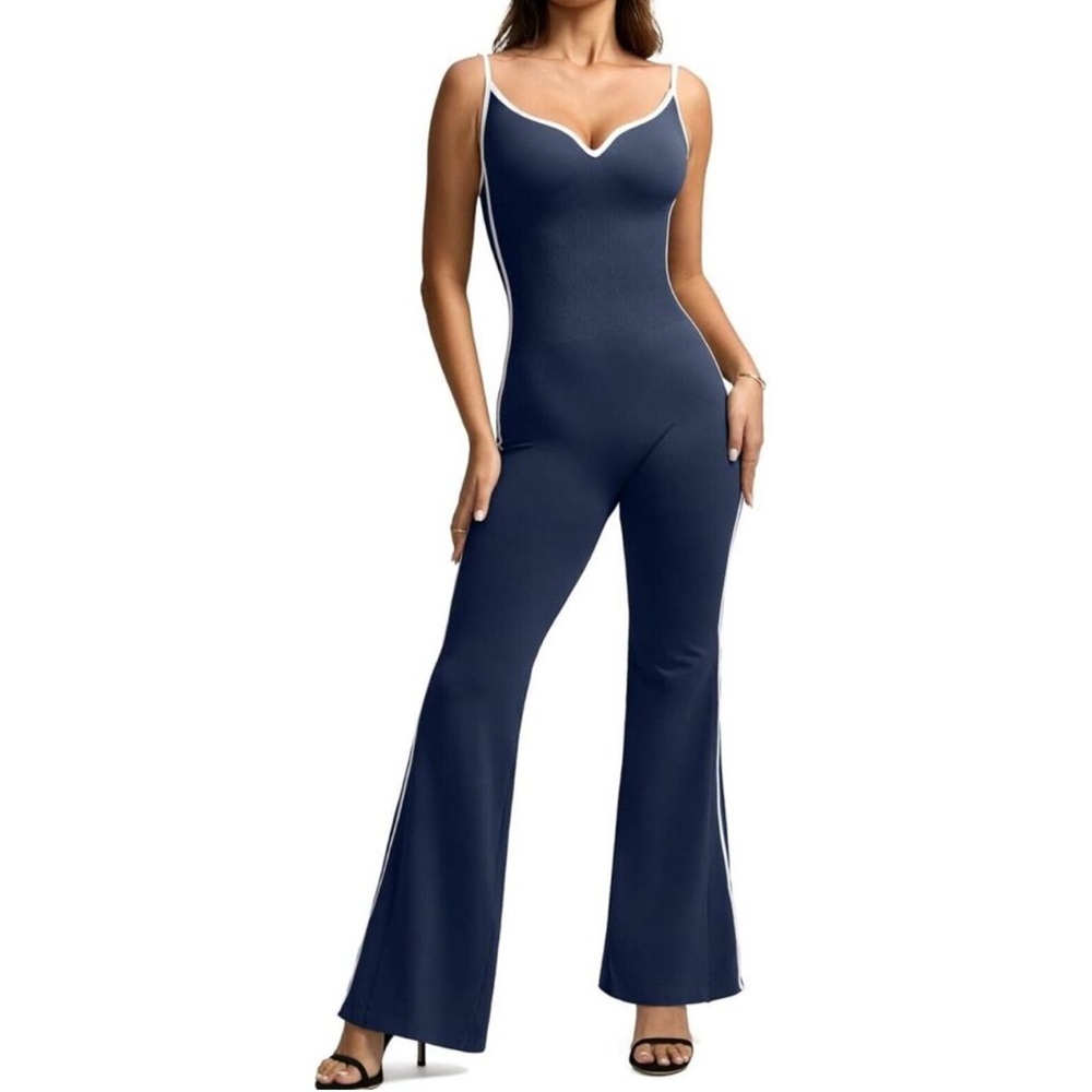 Vilanva‎ Navy Ribbed Flare Leg Jumpsuit with Tummy Control Large NWT
